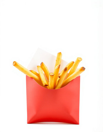 French fries in red paper bag isolated on white background, clipping pathの写真素材