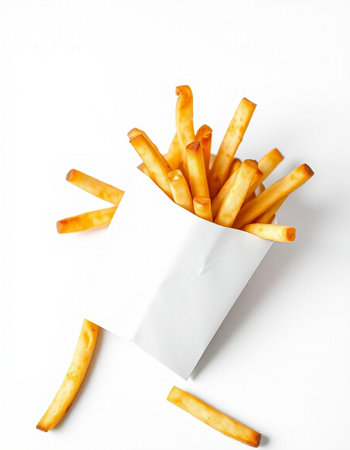 French fries in paper bag isolated on white background. Top view.