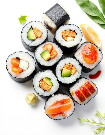 Sushi rolls isolated on white background. Japanese food style. Top view.の写真素材