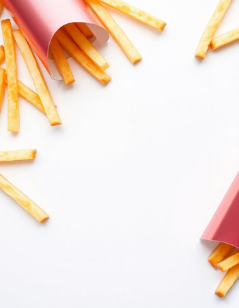French fries on white background with copy space. Top view, flat layの写真素材