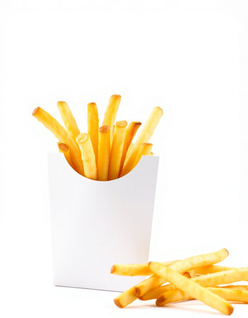 French fries in a white box on a white background. Isolated