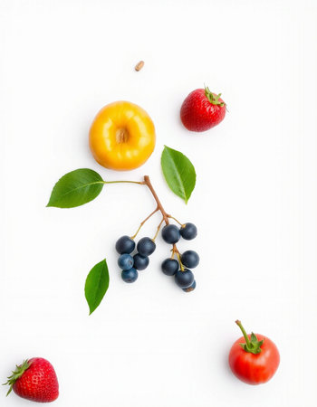 Creative layout made of fruits and berries on a white background.
