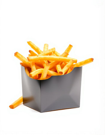 Golden French fries in a black box isolated on a white background.