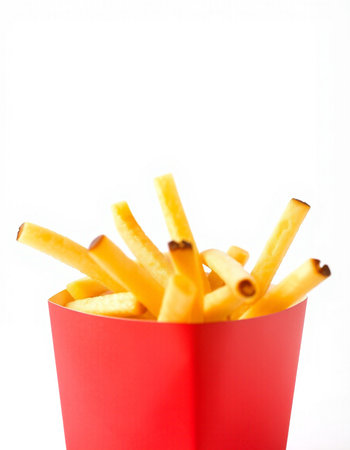 French fries in a red box on a white background. Selective focus.