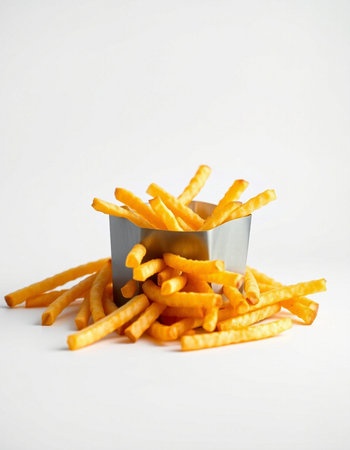 Golden French fries in a metal container on a white background. Selective focus.