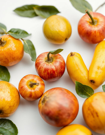 Red and yellow apples with leaves on a white background, top viewの写真素材