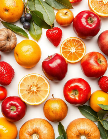 Fruits and vegetables on a white background. Flat lay, top viewの写真素材