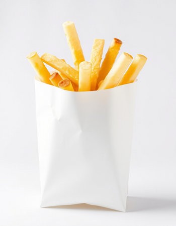 French fries in a paper bag on a white background. Isolatedの写真素材
