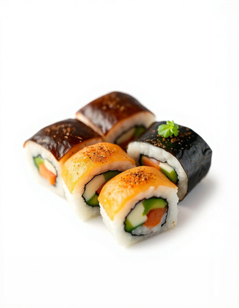Sushi rolls isolated on white background. Sushi roll with salmon, eel, avocado, cucumber, nori and cream cheese.の写真素材