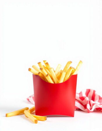 French fries in a red box on a white background with space for textの写真素材