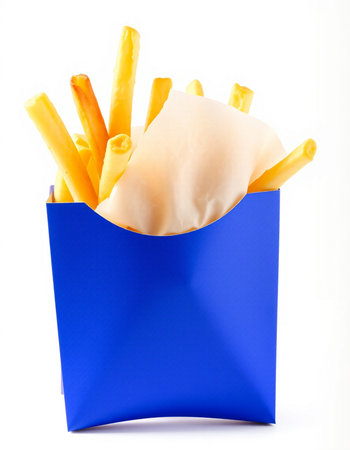 French fries in a blue box on a white background. Isolatedの写真素材