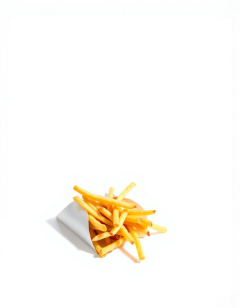Golden French fries potatoes on a white background. Fast food concept.