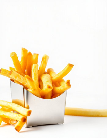 Golden French fries in a metal box isolated on a white background.
