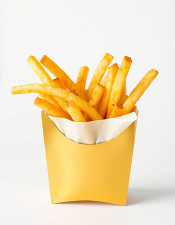 French fries in a paper box on a white background. Selective focus.