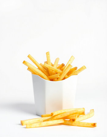 Golden French fries in a white paper cup on a white background.