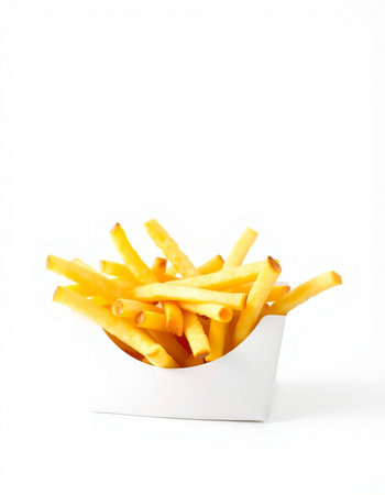 French fries in white box isolated on white background, clipping path included