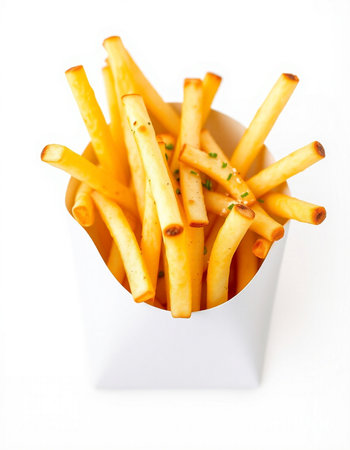 French fries in a white box on a white background. Selective focus.