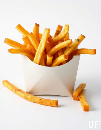 French fries in a white box on a white background. Selective focus.