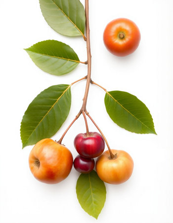cherry and cherry on a branch with leaves on a white backgroundの写真素材