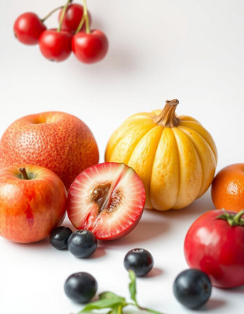 Fresh fruits and vegetables isolated on white background. Healthy food concept.の写真素材