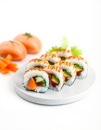 Sushi roll with salmon, cucumber and cream cheese on a white backgroundの写真素材