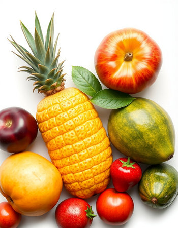 Pineapple, melon, tomato, banana and pineapple isolated on white backgroundの写真素材