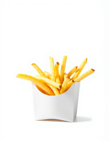 French fries in a white box on a white background. Isolated