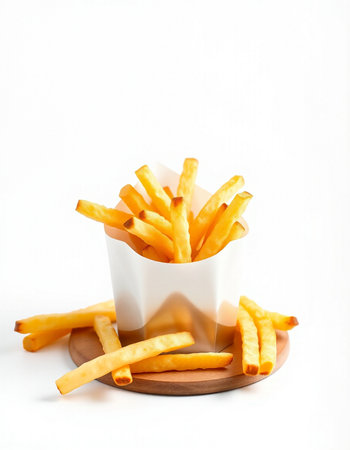 French fries in white paper cup isolated on white background. Selective focus.