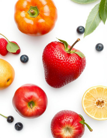 Fresh fruits and berries isolated on white background. Top view. Flat lay pattern