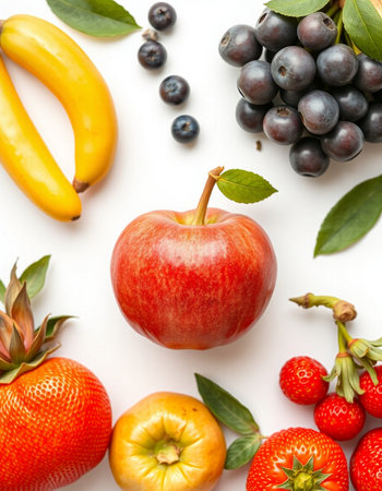 Fresh fruits and berries on white background. Flat lay, top viewの写真素材