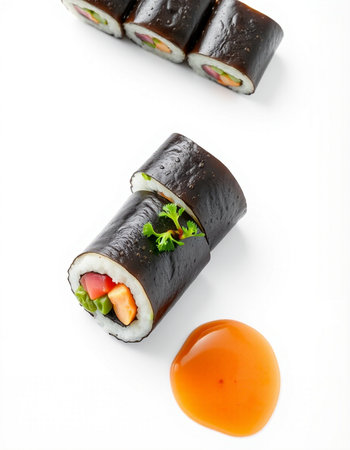 Sushi rolls isolated on white background. Japanese food restaurant menu.の写真素材