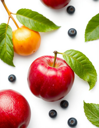 Red apple with blueberries and apricots on a white backgroundの写真素材