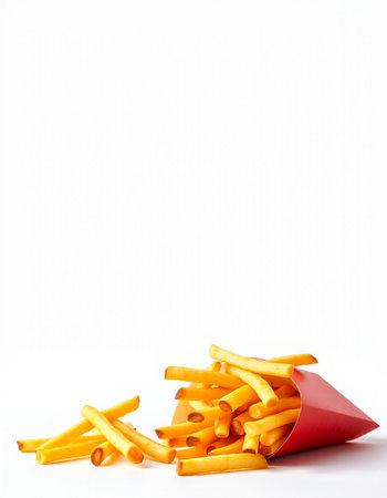 French fries in a red paper box on a white background with copy space