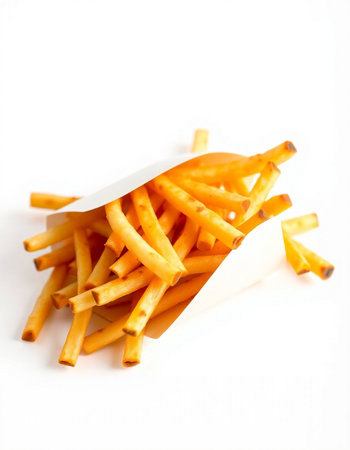 French fries in paper box on a white background. Selective focus.
