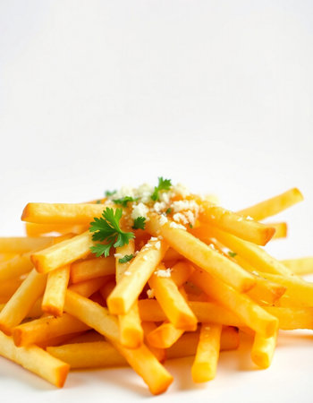 French fries with parsley on a white background. Selective focus.