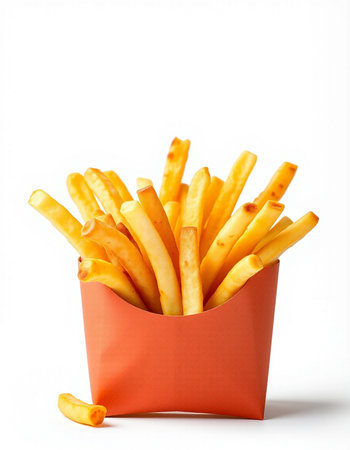 French fries in paper box isolated on white background. Fast food.