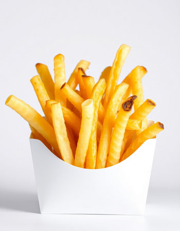 French fries in a paper box on a white background. Selective focus.