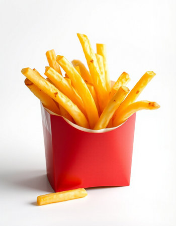 French fries in red box isolated on white background. Selective focus.