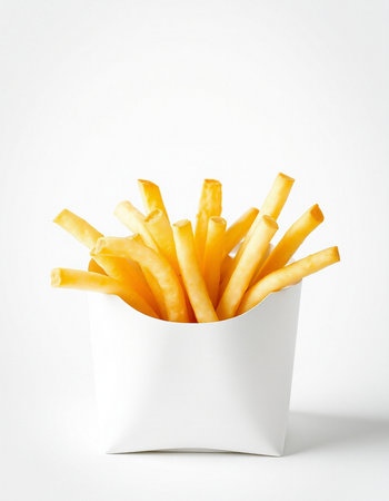 French fries in a white box on a white background. Isolated