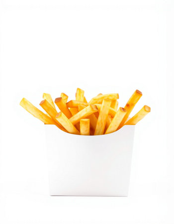 French fries in a paper box on a white background. Isolatedの写真素材