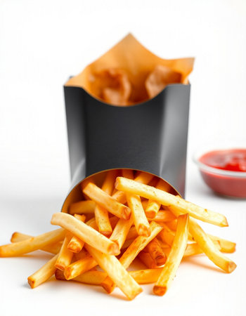 French fries in a paper box on a white background with ketchup
