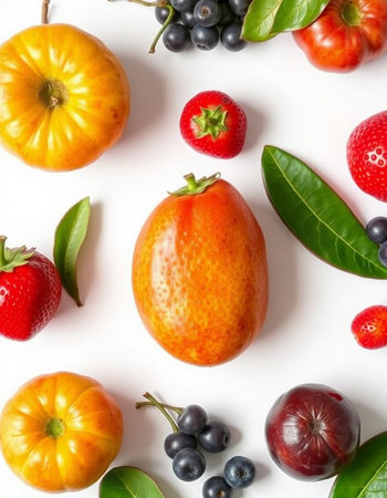 Colorful fruits and vegetables on white background. Flat lay, top viewの写真素材