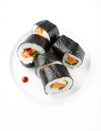 Sushi rolls on white plate isolated on white background. Japanese foodの写真素材