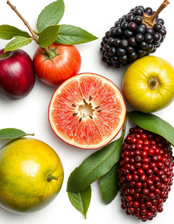 Fruits and vegetables on a white background, close-up.