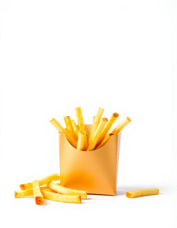 Golden French fries in paper box isolated on white background. Fast food concept.