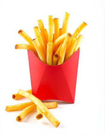French fries in a red box on a white background. Isolated