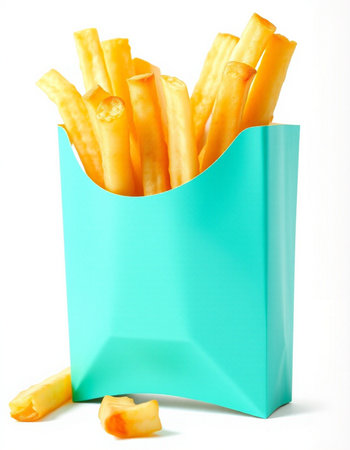 French fries in a blue box on a white background. Isolated