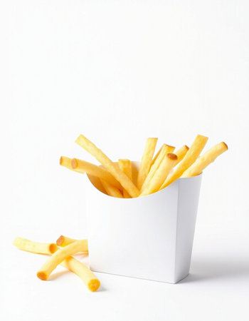 French fries in a white box on a white background with copy space