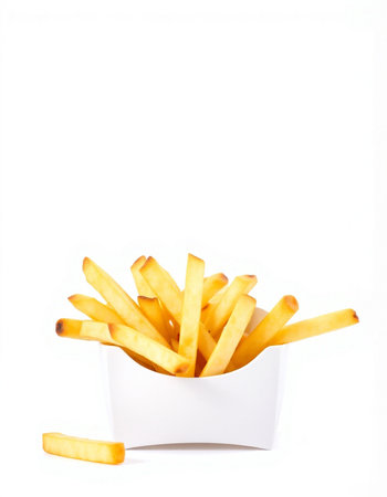 French fries in a white box isolated on white background. Fast food concept.