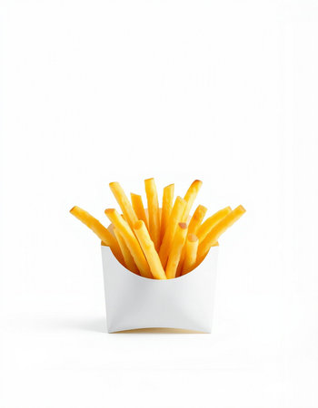 French fries in a white box on a white background. Isolated
